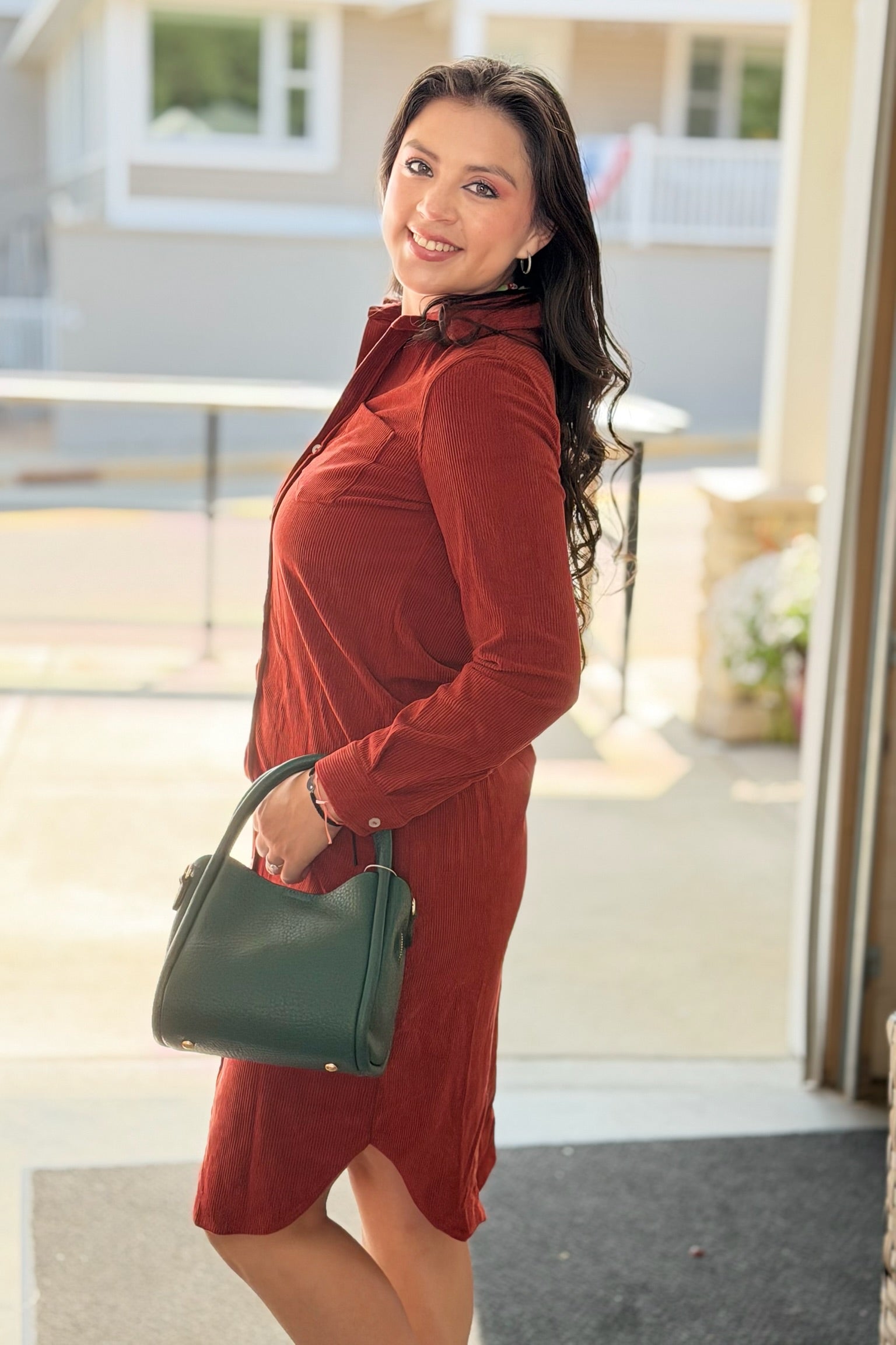 Western Corduroy Shirt Dress - Clay