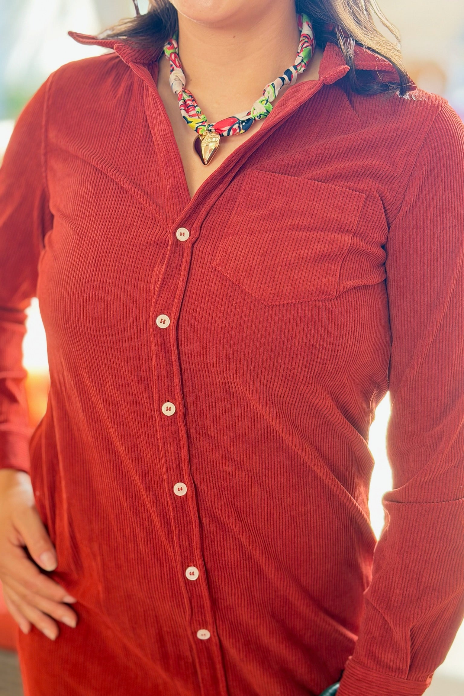 Western Corduroy Shirt Dress - Clay