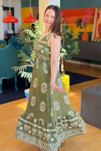 Boho V-neck High Waist Dress - Green