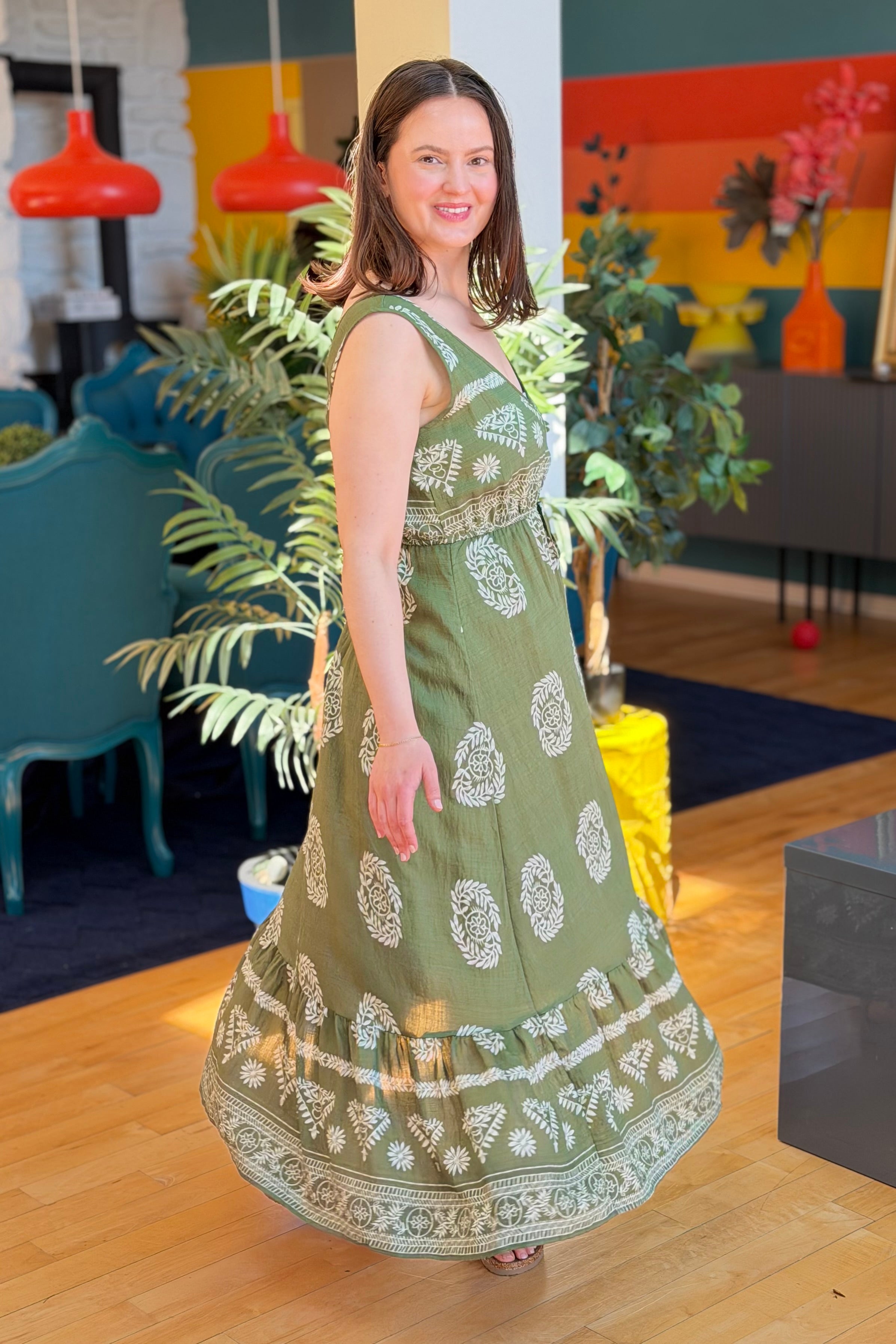 Boho V-neck High Waist Dress - Green