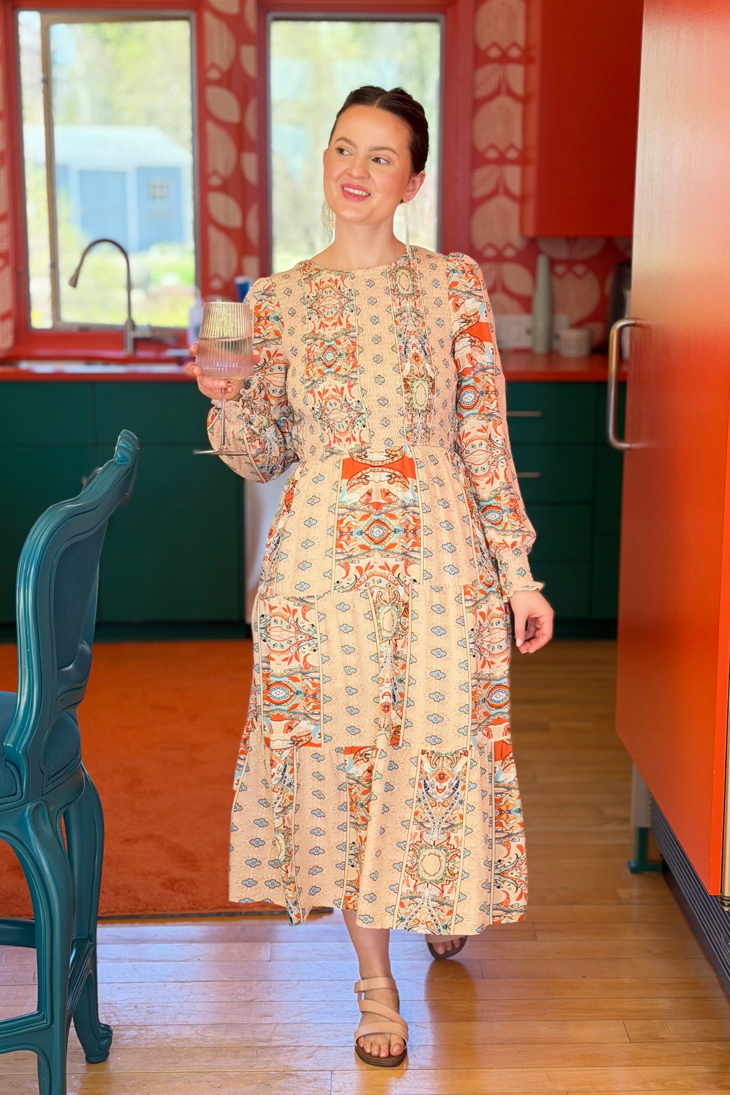 Paisley Smocked Midi Dress - Apricot