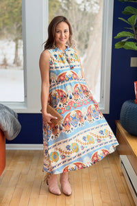 Boho Floral Sleeveless Midi Dress - Blue