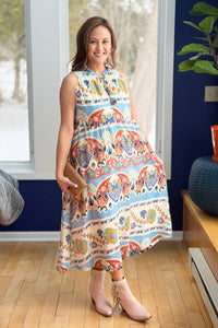 Boho Floral Sleeveless Midi Dress - Blue