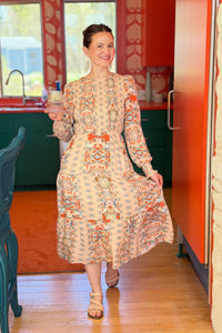 Paisley Smocked Midi Dress - Apricot