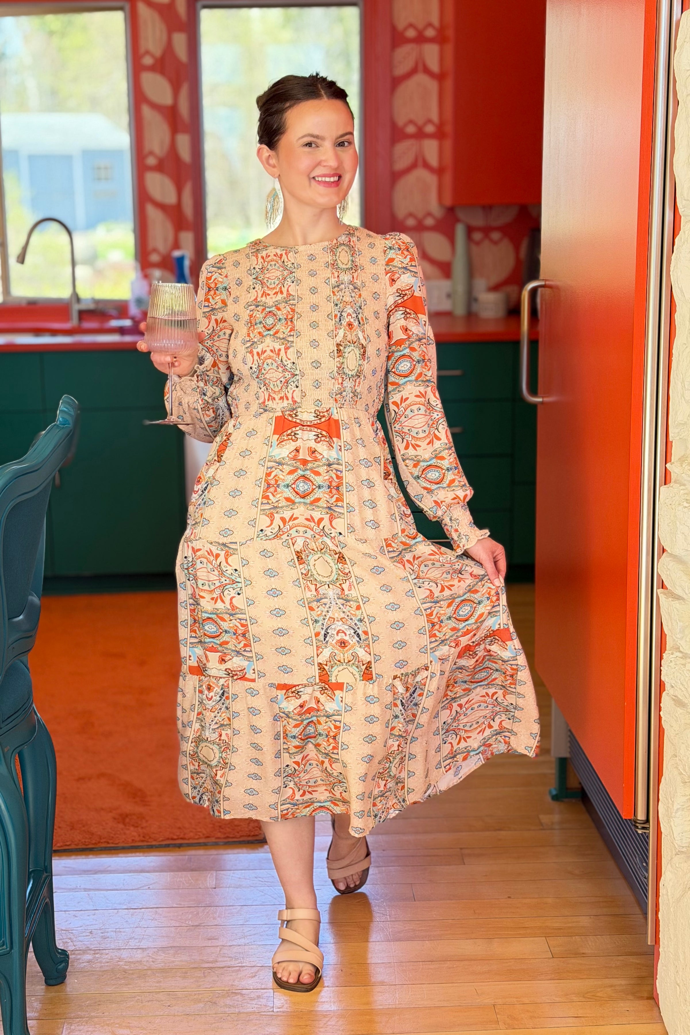 Paisley Smocked Midi Dress - Apricot