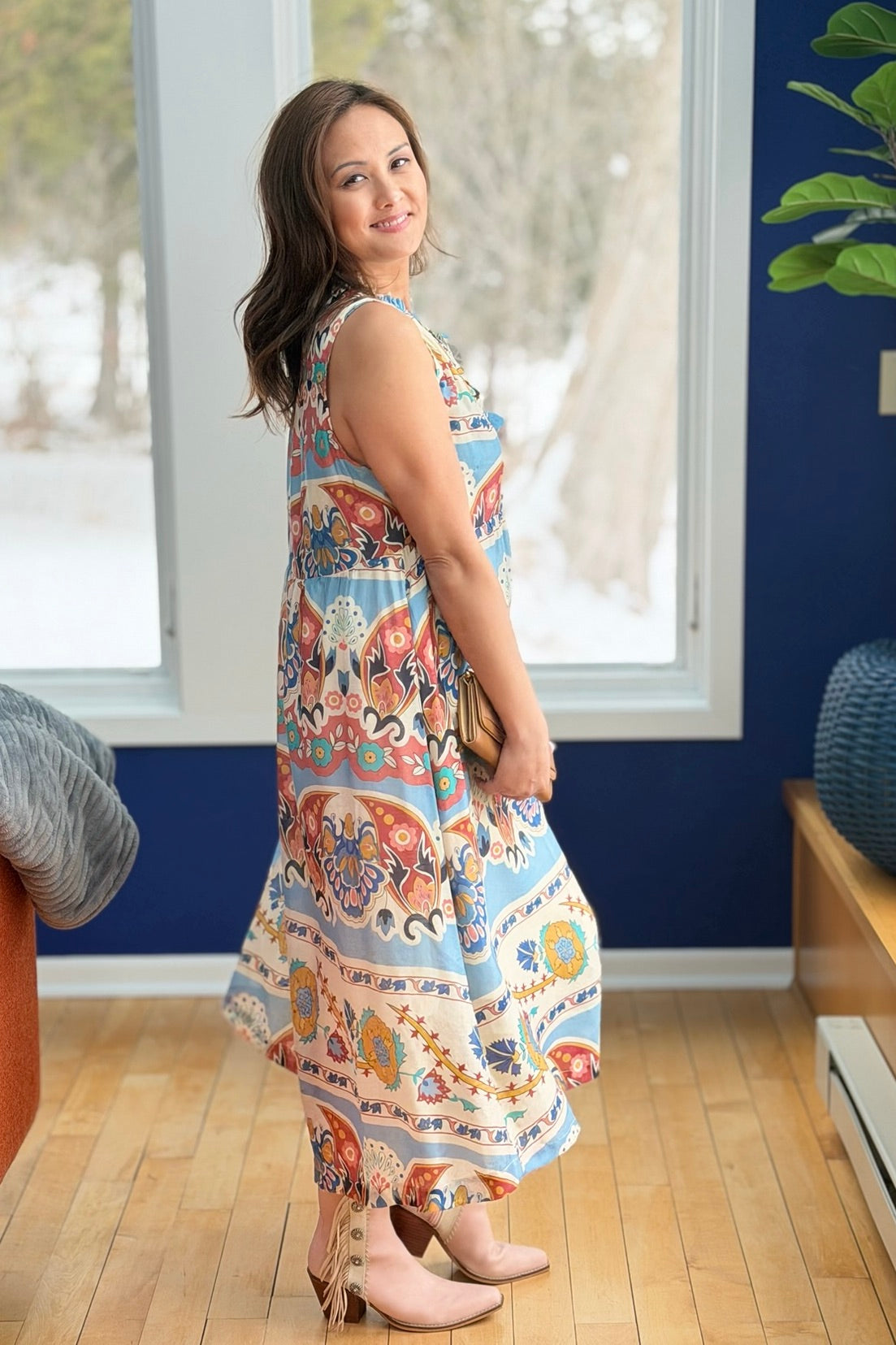Boho Floral Sleeveless Midi Dress - Blue