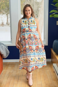 Boho Floral Sleeveless Midi Dress - Blue