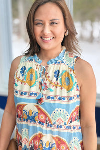 Boho Floral Sleeveless Midi Dress - Blue