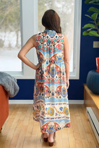 Boho Floral Sleeveless Midi Dress - Blue