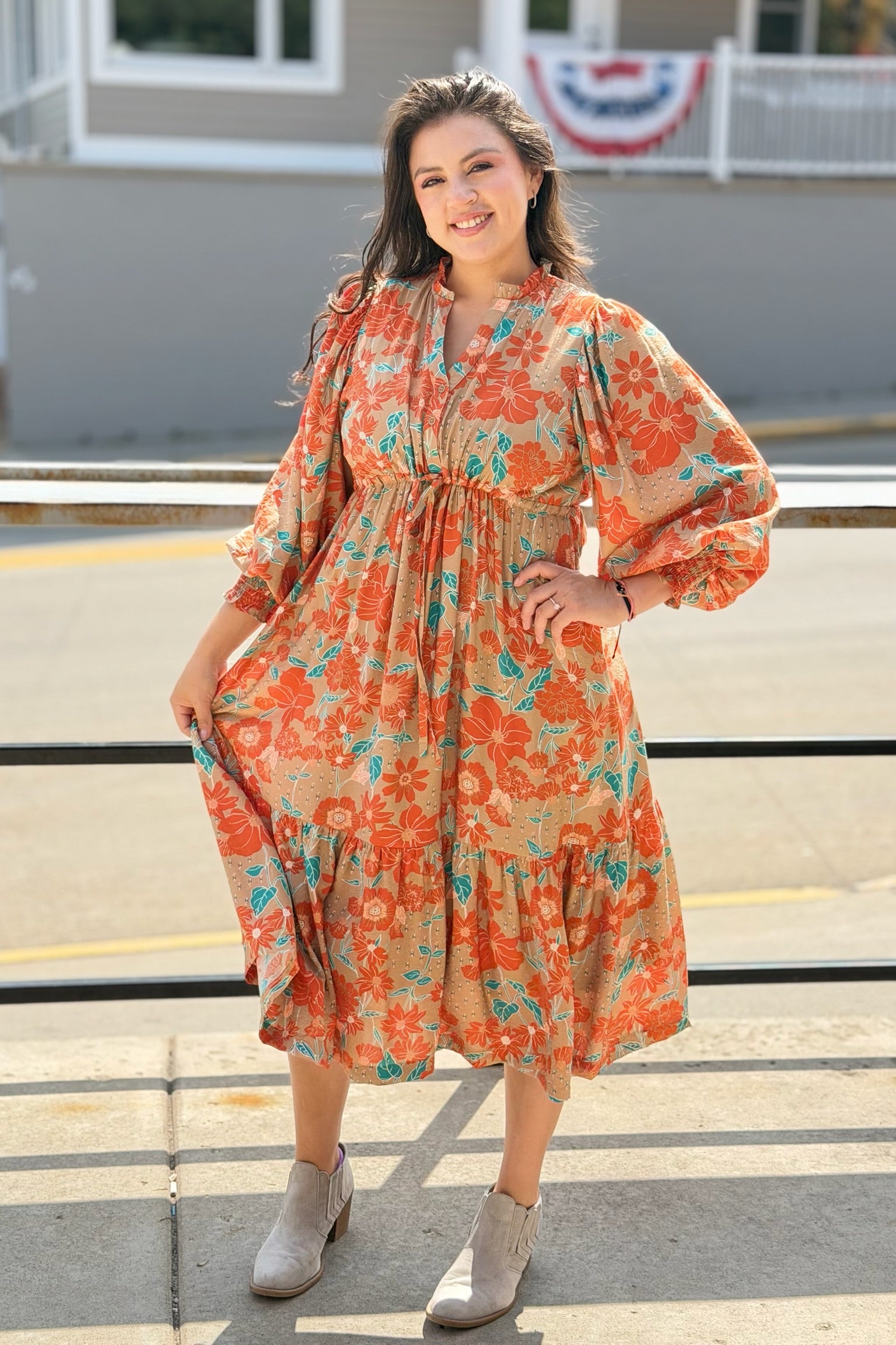 Button Down Puff Sleeve Midi Dress
