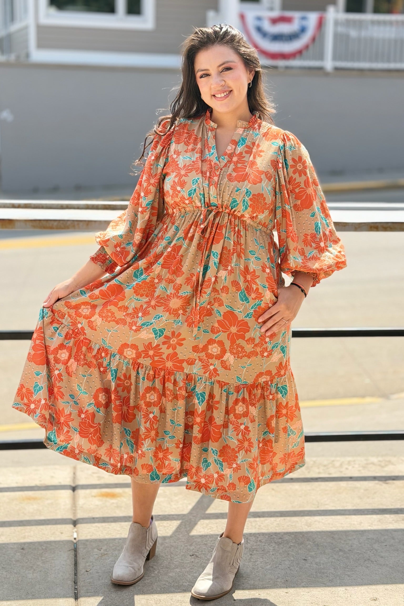 Button Down Puff Sleeve Midi Dress