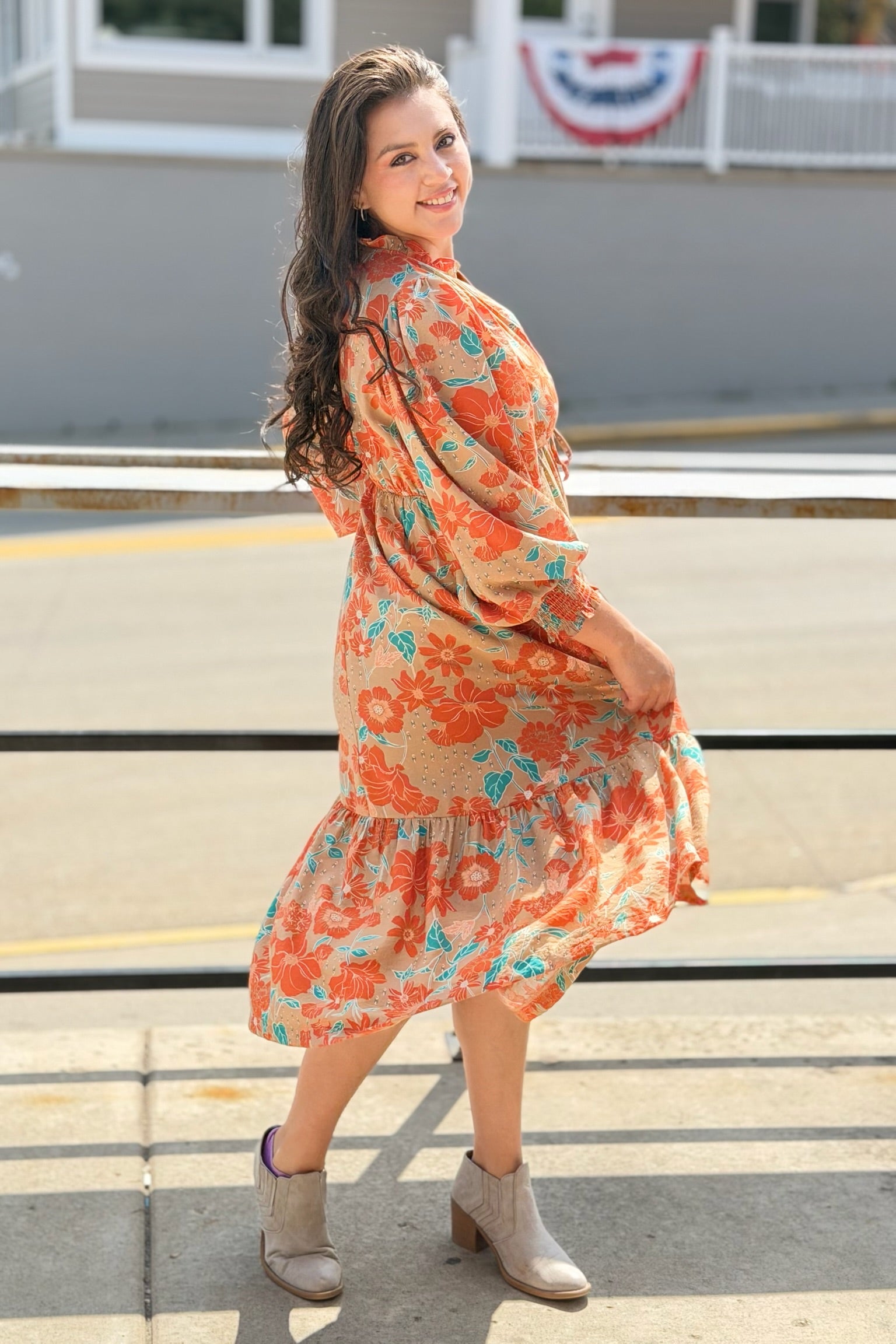 Button Down Puff Sleeve Midi Dress