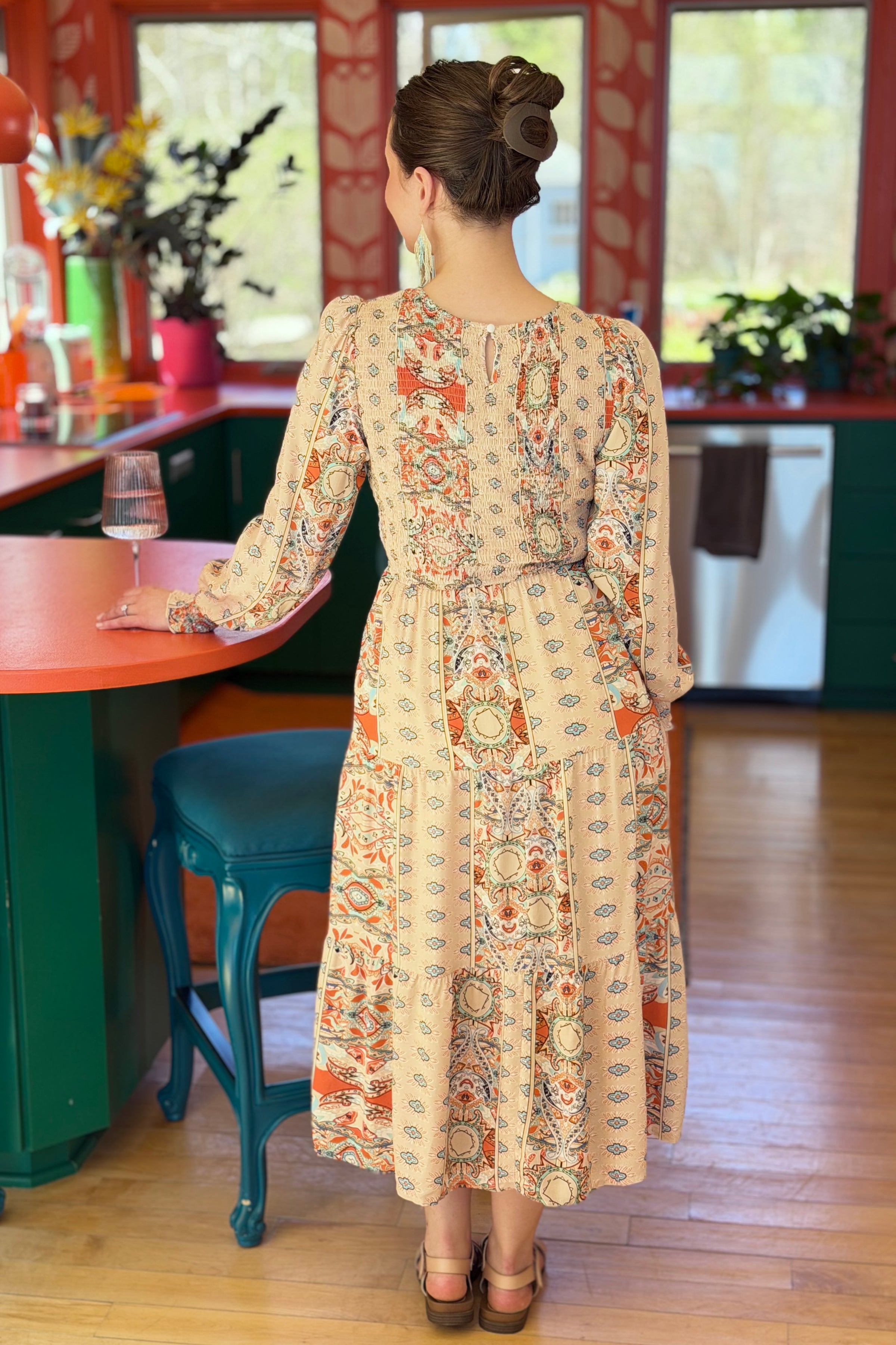 Paisley Smocked Midi Dress - Apricot
