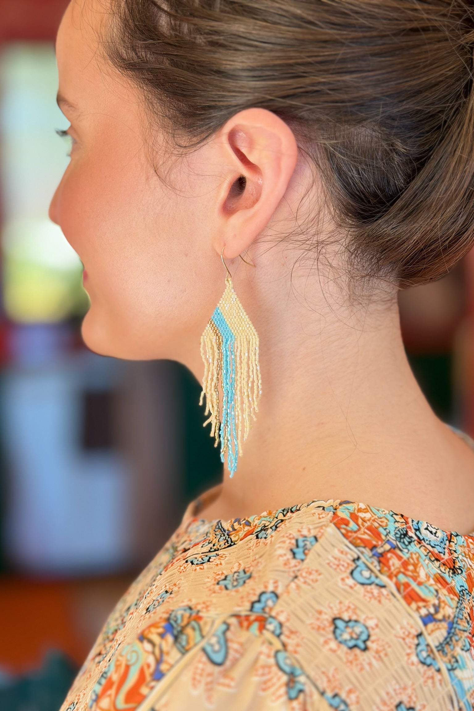 Turquoise Stripe Cream Fringe Earrings