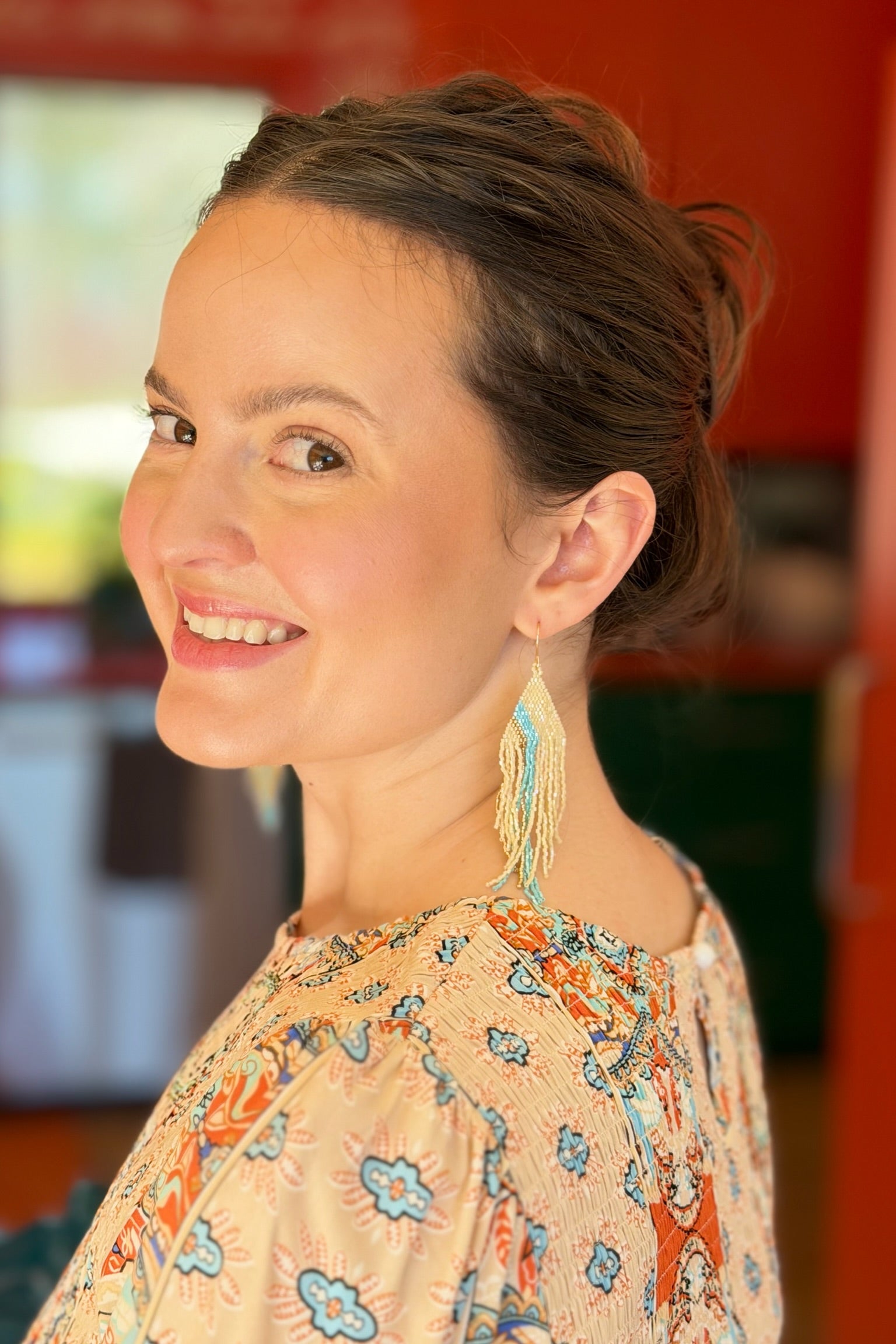 Turquoise Stripe Cream Fringe Earrings