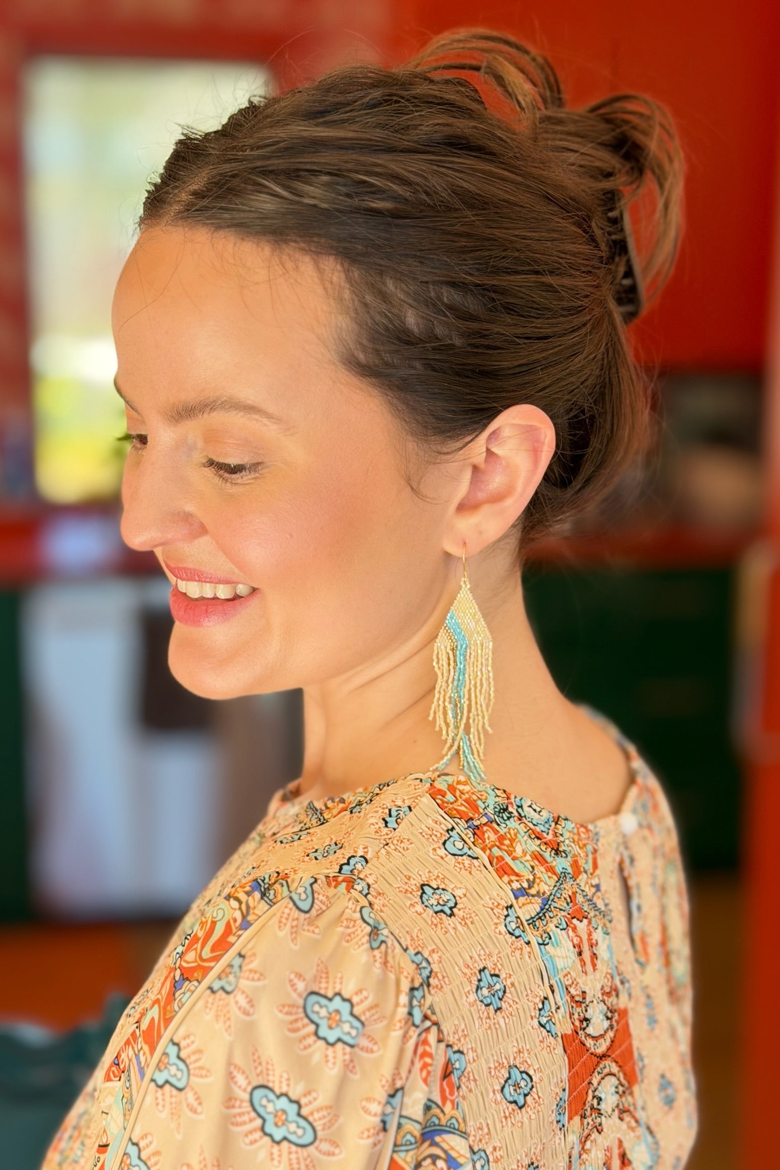 Turquoise Stripe Cream Fringe Earrings
