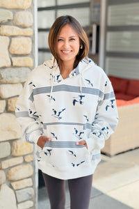 Stripe & Bird Print Oversized Hoodie