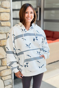 Stripe & Bird Print Oversized Hoodie