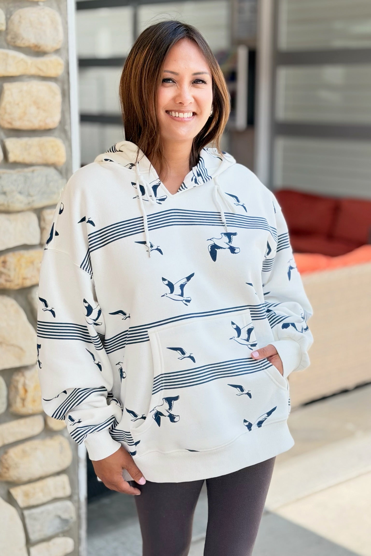 Stripe & Bird Print Oversized Hoodie
