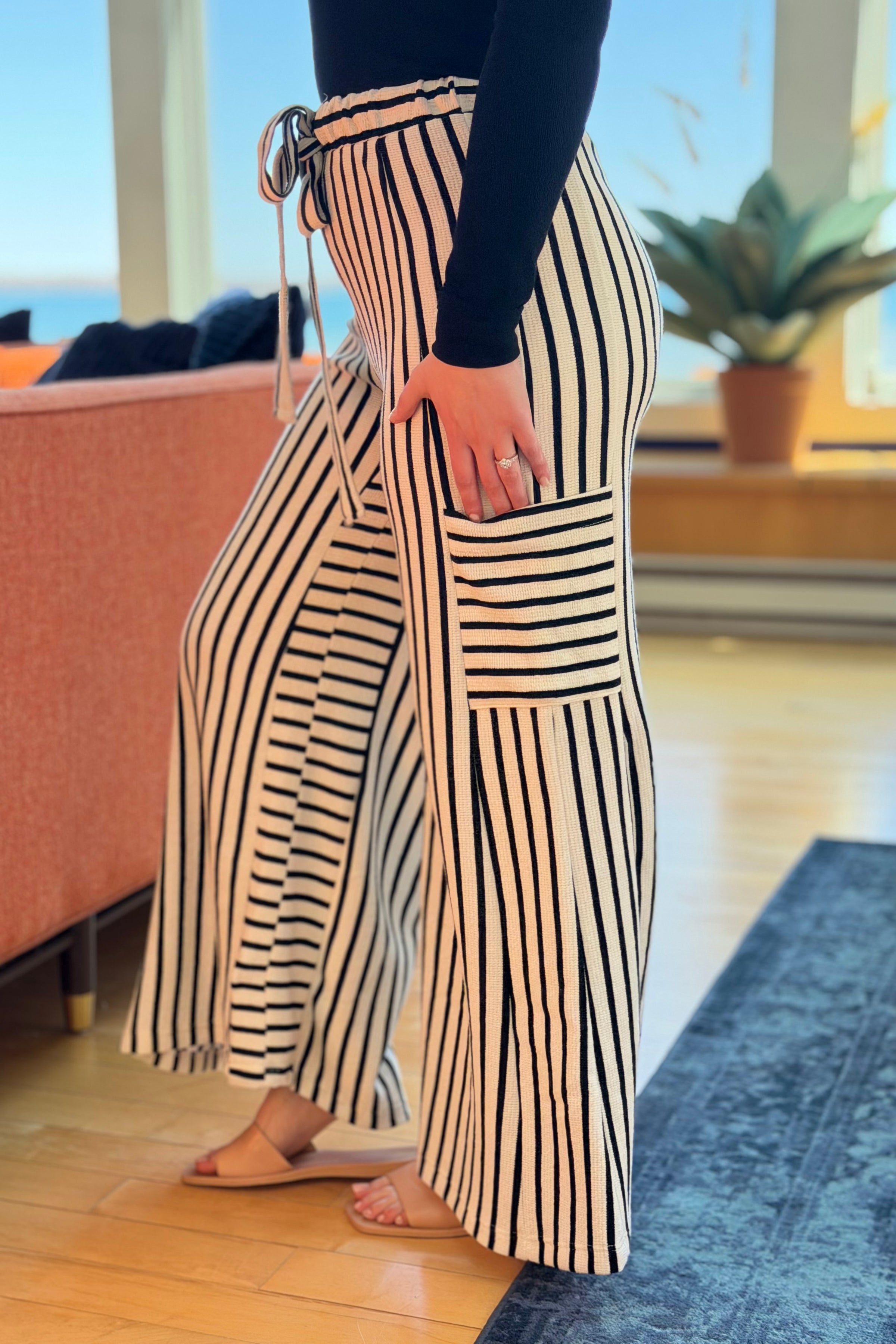 Stripe Wide Leg Pants - White