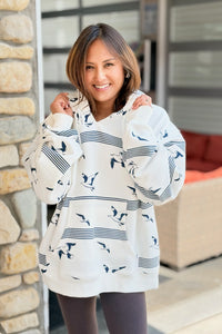 Stripe & Bird Print Oversized Hoodie