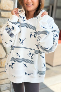 Stripe & Bird Print Oversized Hoodie