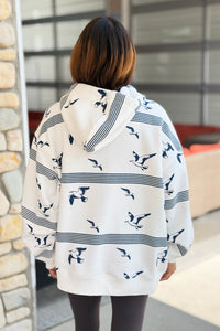 Stripe & Bird Print Oversized Hoodie