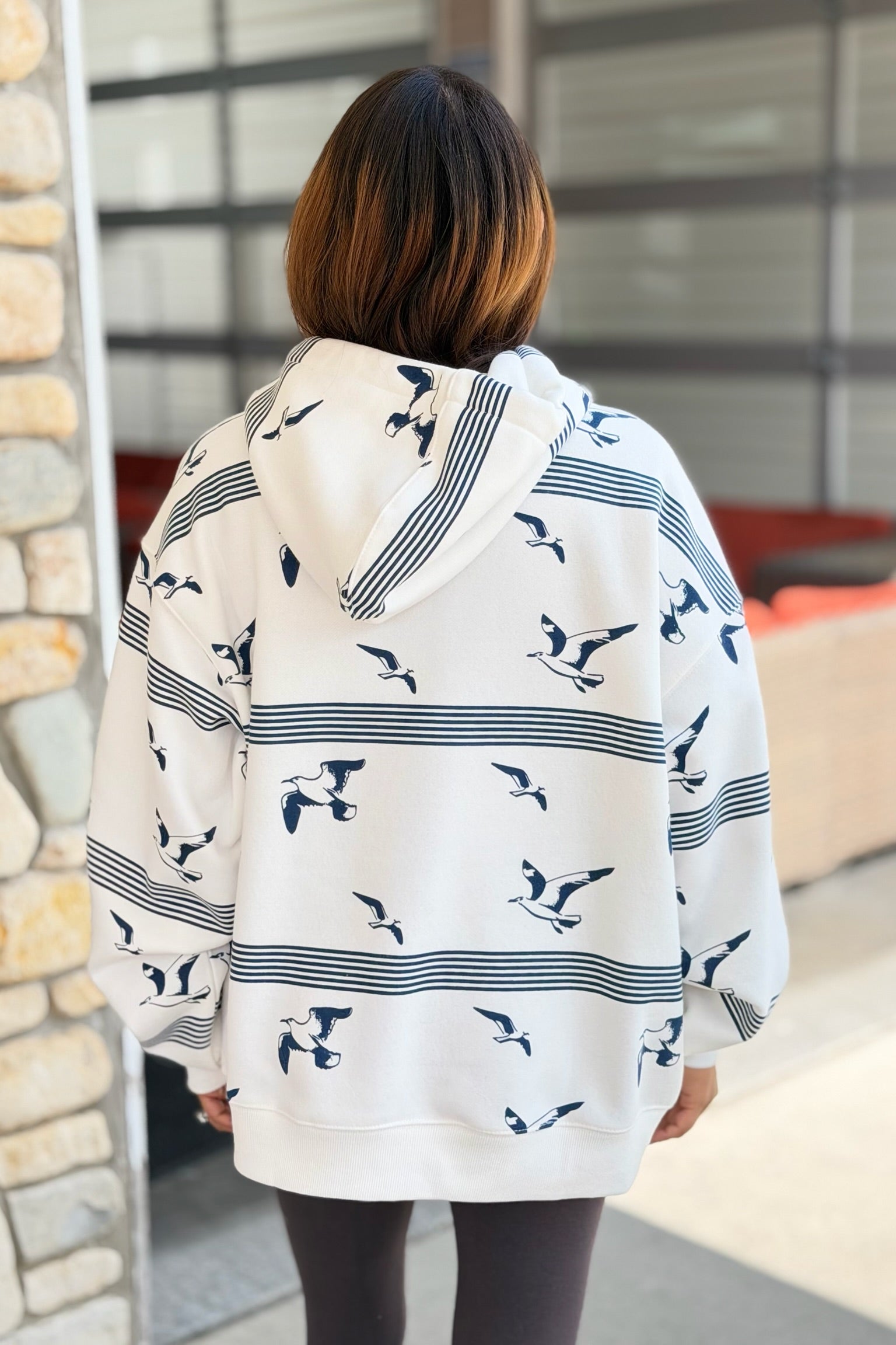 Stripe & Bird Print Oversized Hoodie