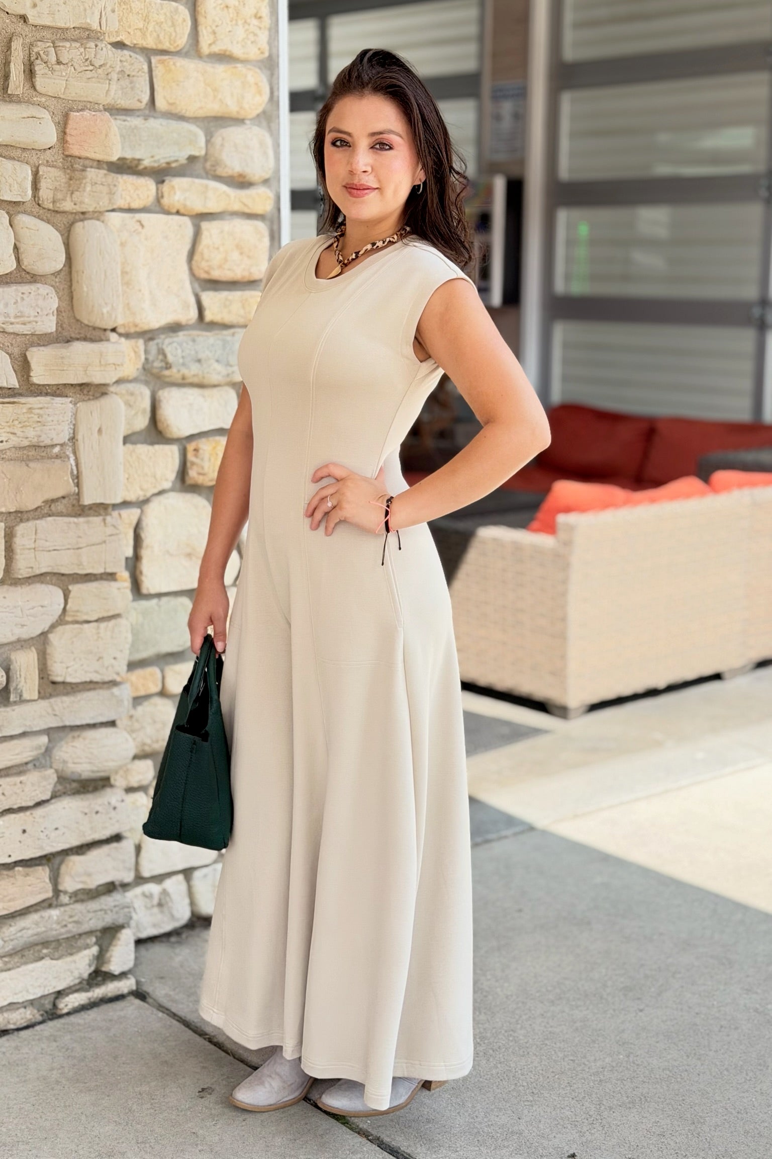 Short Sleeve Solid Jumpsuit - Beige