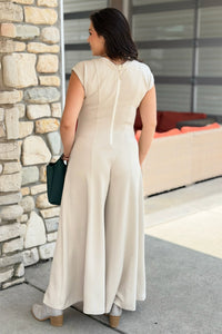 Short Sleeve Solid Jumpsuit - Beige