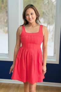 Fit and Flare Pleated Dress - Red