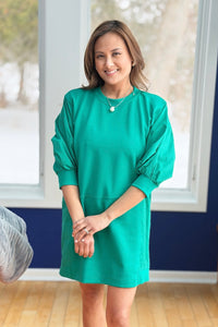 Puff Sleeve Sweatshirt Dress - Green