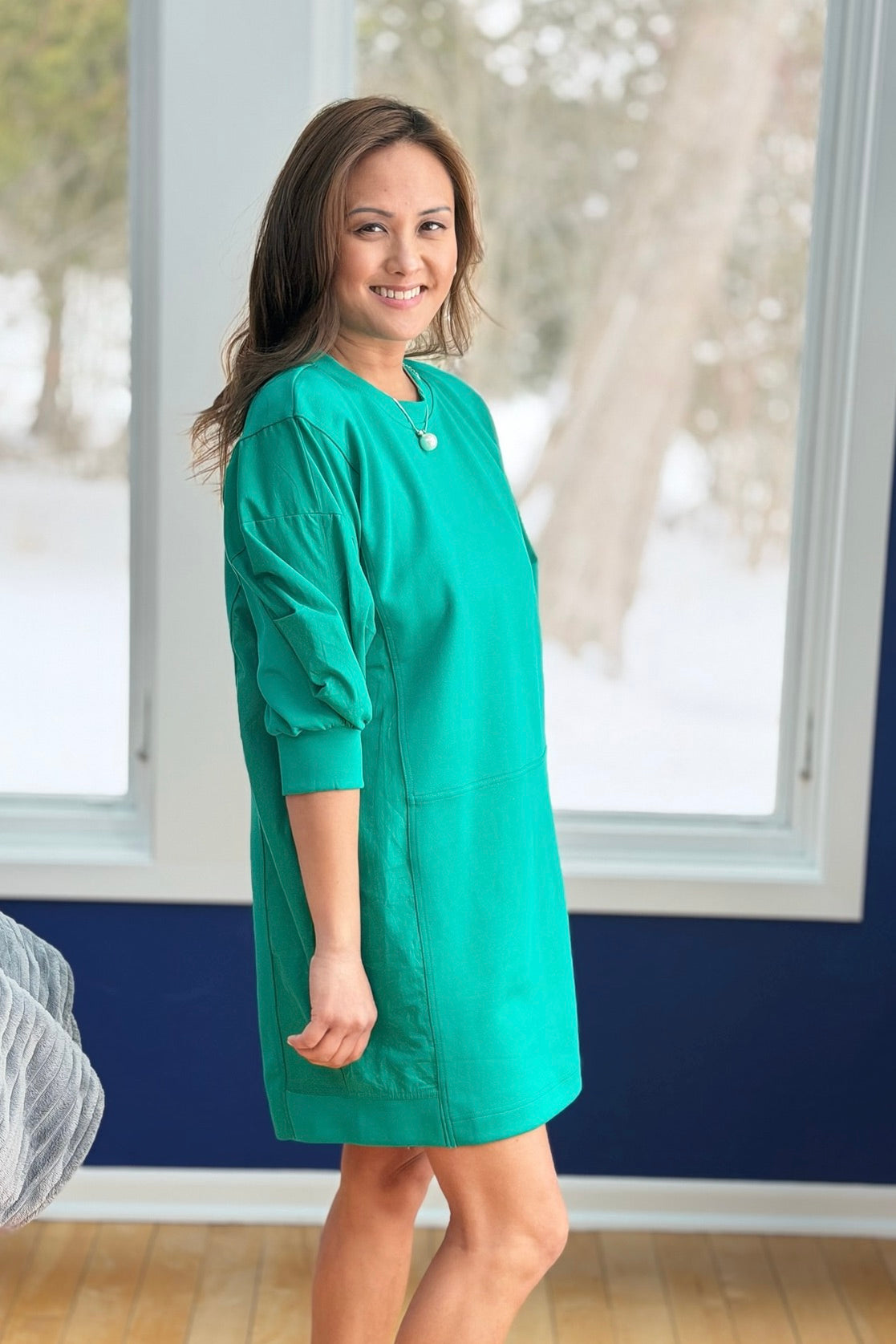 Puff Sleeve Sweatshirt Dress - Green