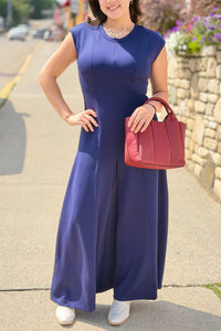 Short Sleeve Solid Jumpsuit - Navy