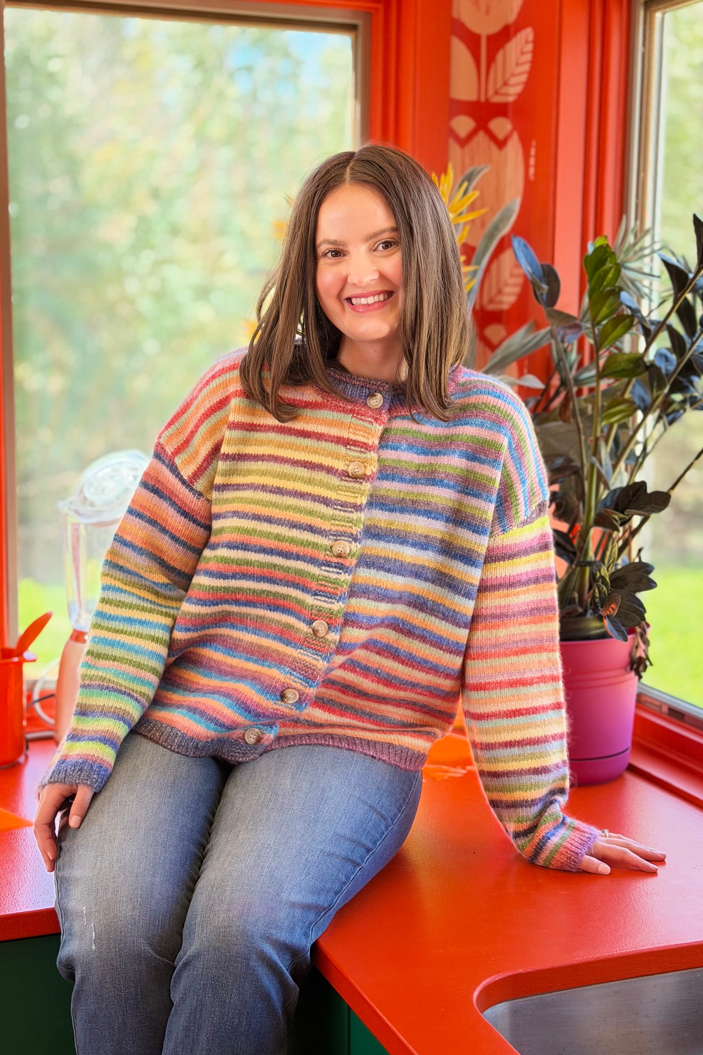 Rainbow Button-Up Knit Sweater Cardigan