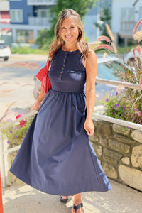 Sleeveless Mixed Media Maxi Dress - Navy