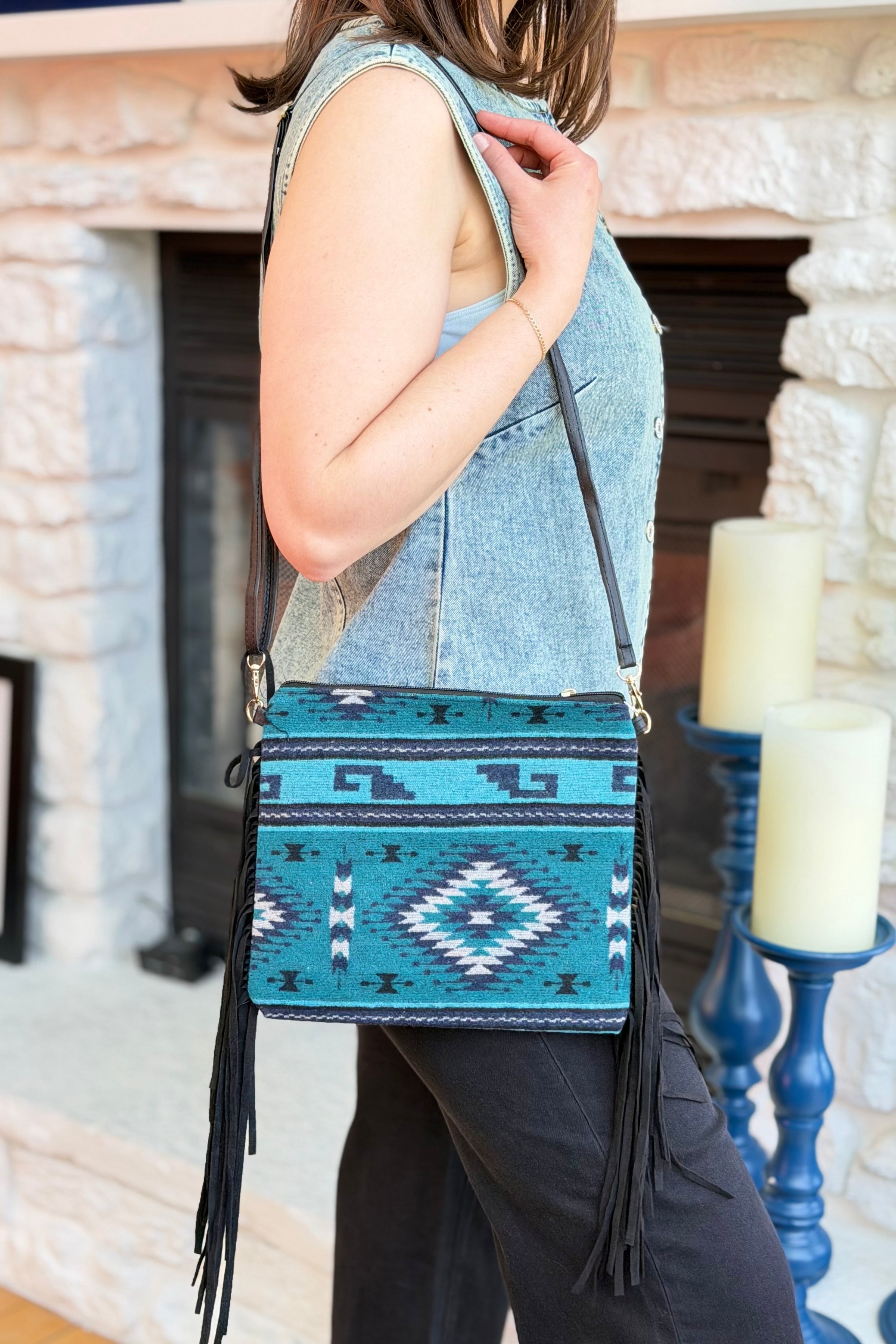 Western Print Fringe Crossbody Clutch - Teal