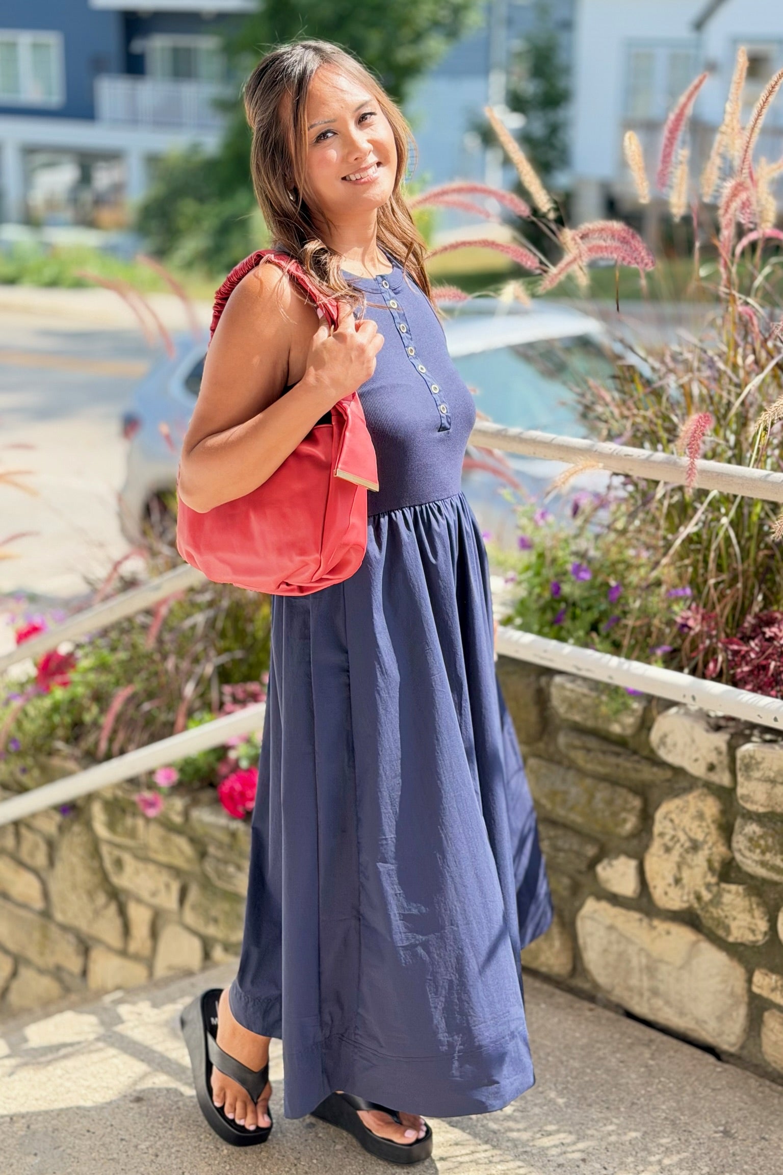 Sleeveless Mixed Media Maxi Dress - Navy