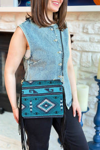 Western Print Fringe Crossbody Clutch - Teal