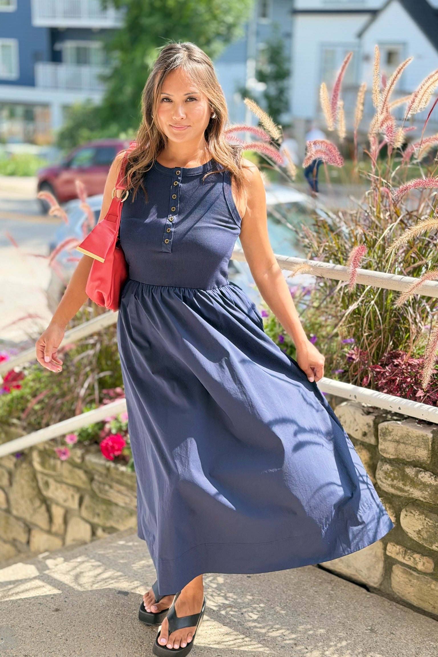 Sleeveless Mixed Media Maxi Dress - Navy