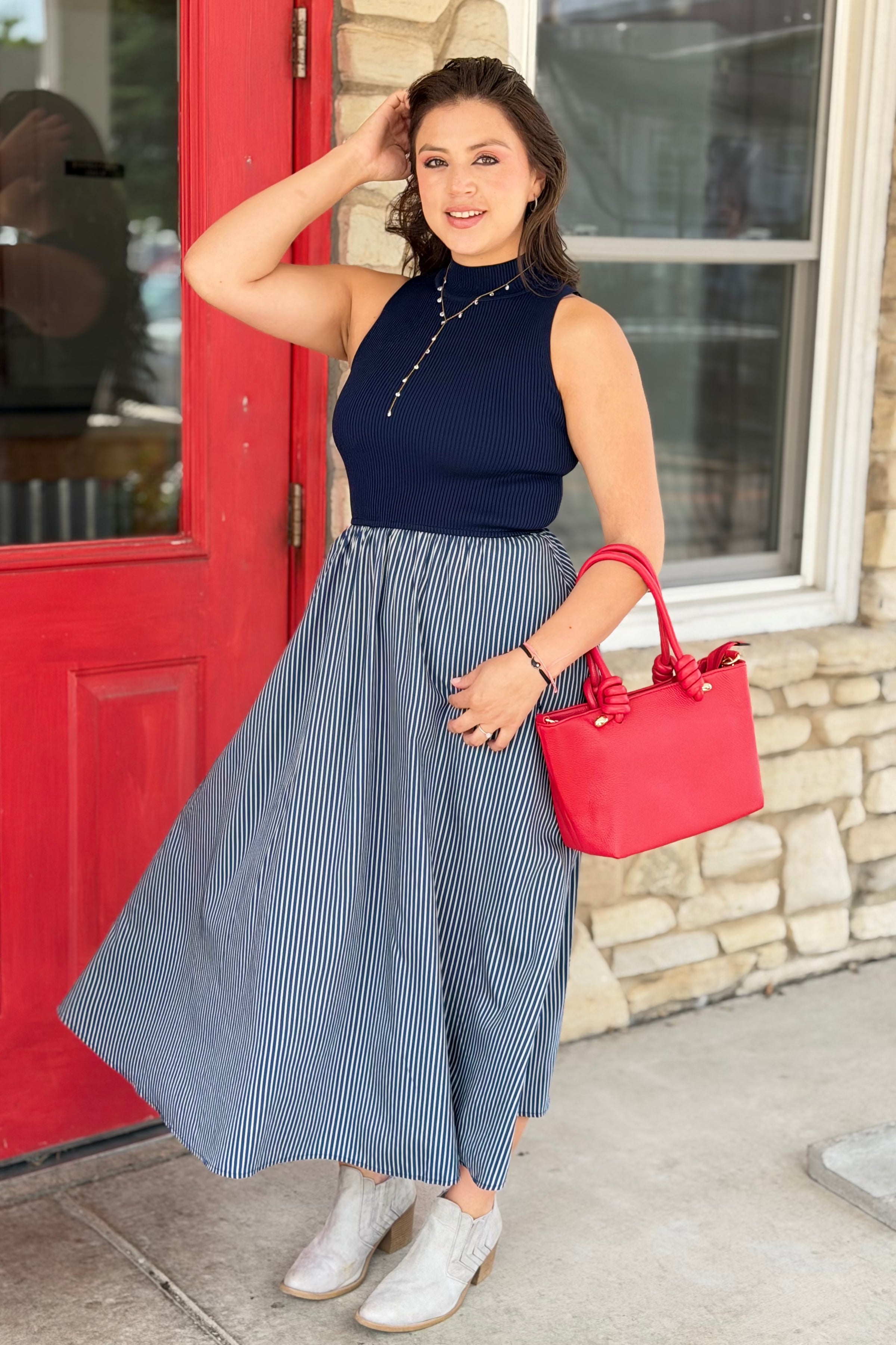 Sleeveless Mock Neck Maxi Dress - Blue Stripe