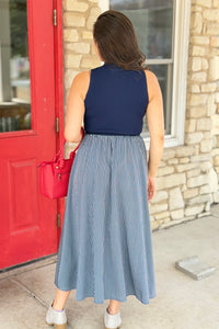 Sleeveless Mock Neck Maxi Dress - Blue Stripe