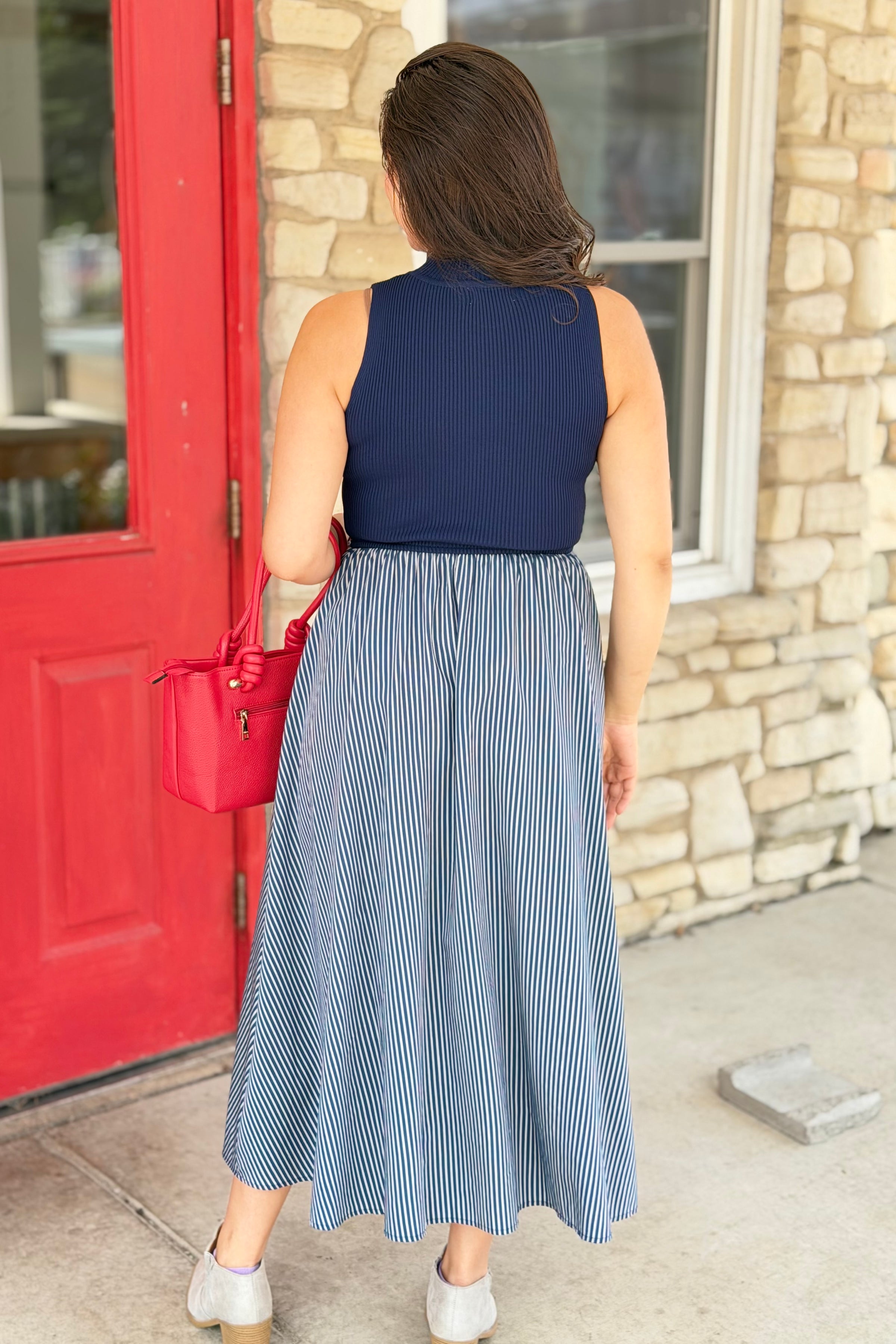 Sleeveless Mock Neck Maxi Dress - Blue Stripe