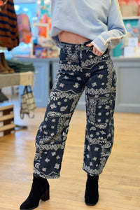 Paisley Printed Denim Pants - Blue