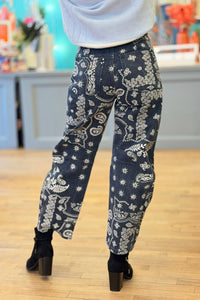 Paisley Printed Denim Pants - Blue