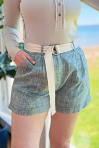 Linen Shorts with Belt - Teal Green