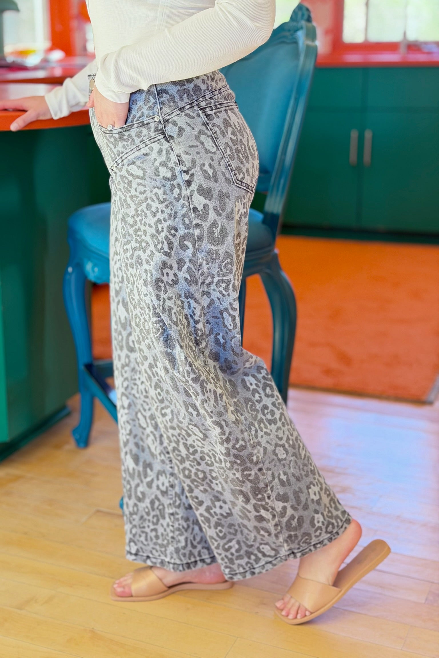 Leopard Print Wide Leg - Blue Denim