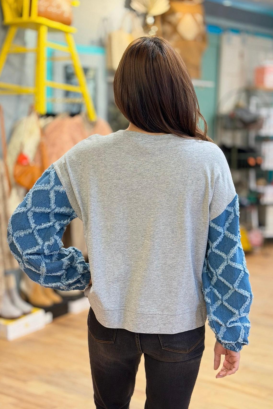 Sparkle Lattice Denim Long Sleeves Top