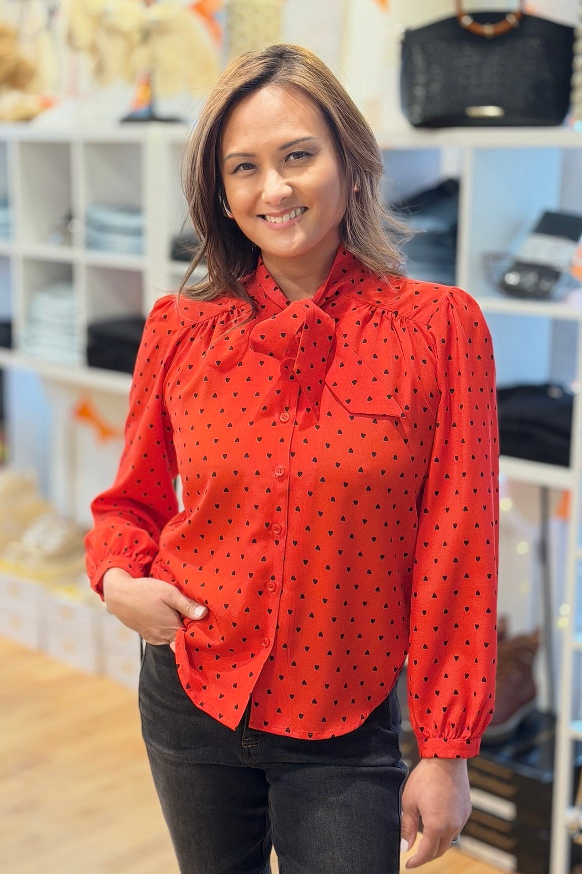 Bow Blouse With Hearts - Red