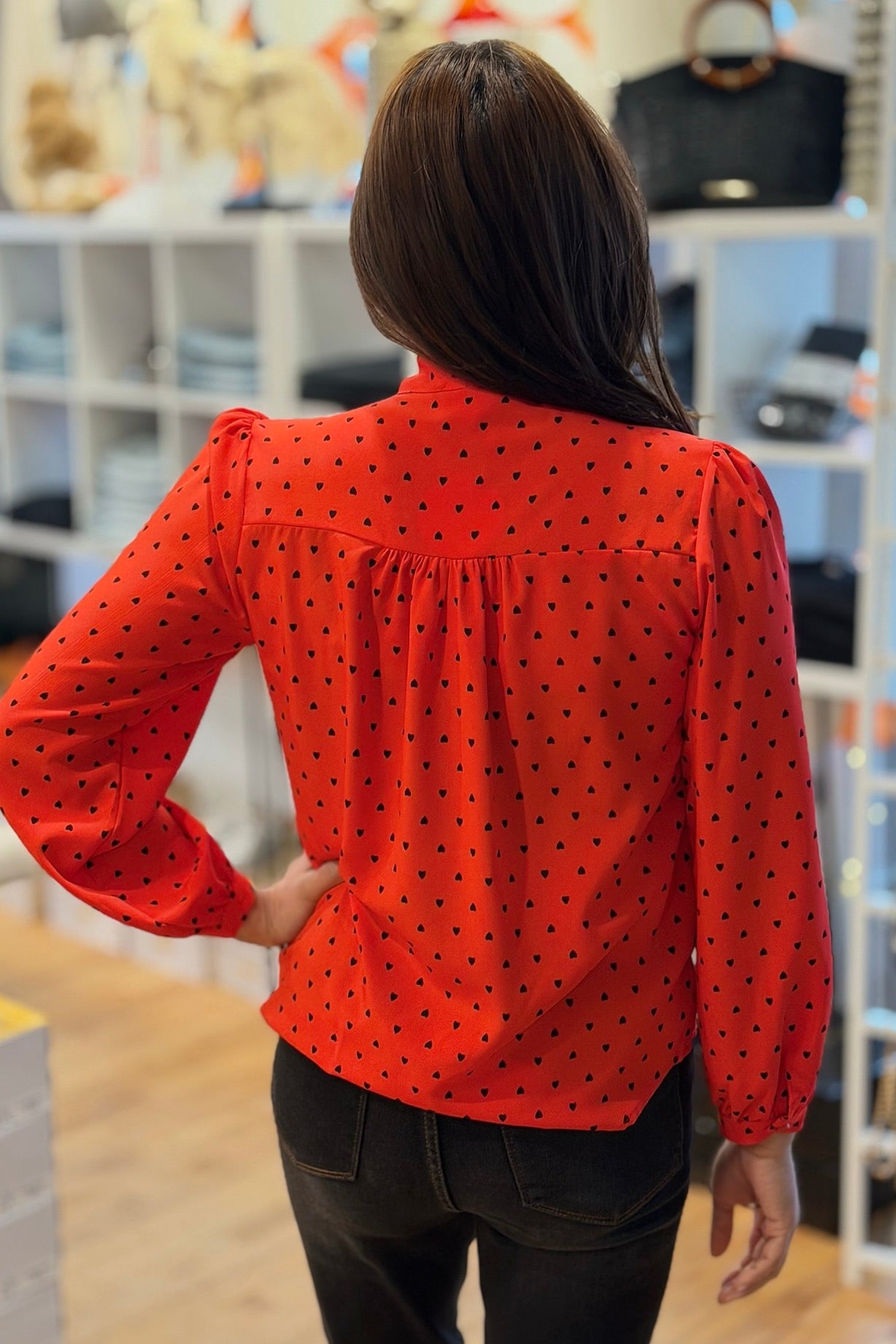 Bow Blouse With Hearts - Red
